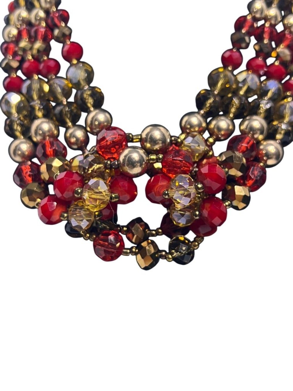 Erica Lyons Gold Tone Red And Champaign Beaded Necklace (6309) - Picture 2 of 6
